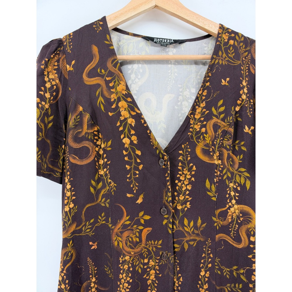 Disturbia Snake and Wisteria Print Button Down Maxi Dress Brown Gold US 6